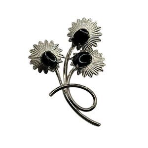 Vintage Black Onyx Star-Art Sterling 925 Flower Spray Pin Brooch Crystal Estate